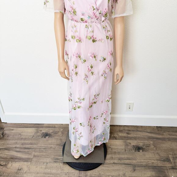 [Shein] Light Pink Floral Embroidered V-Neck Mesh Maxi Dress Wedding NEW Size XL - Picture 10 of 12